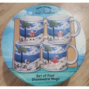 Noble Excellence Sunny Holiday Coffee Mugs Set of 4 Christmas Santa On Beach box